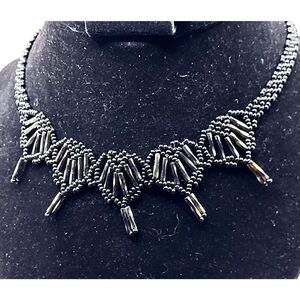 Antique Beaded Woven Victorian Beaded Silver and Black Choker Necklace 15.5 in